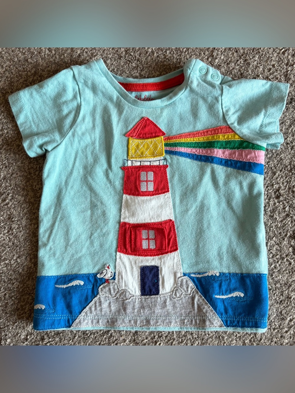 Baby Boden Light Blue Lighthouse Appliqué Tee with Rainbow Beams
